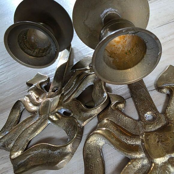 Set Of 2 Brass Bow Ribbon Taper Candle Holders Wall Sconce 5.5 X 3.5 Vintage - Picture 7 of 11